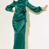 Side-Tied Satin Dress Emerald