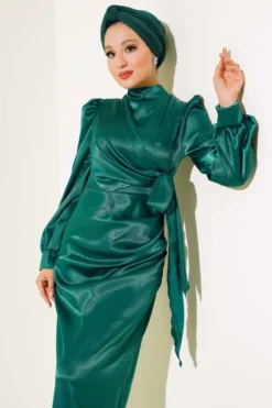Alternative view of Side-Tied Satin Dress Emerald