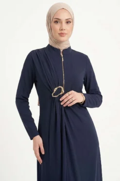 Side Brooch Gathered Dress Navy Blue wholesale dress view 2 - Hicabistan Turkey factory