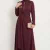 Side Brooch Gathered Dress Plum