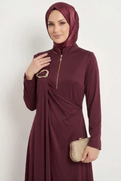 Side Brooch Gathered Dress Plum wholesale dress view 2 - Hicabistan Turkey factory