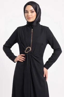 Side Brooch Gathered Dress Black wholesale dress view 2 - Hicabistan Turkey factory