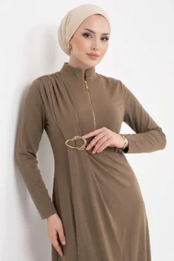 Side Brooch Gathered Dress Mink wholesale dress view 2 - Hicabistan Turkey factory
