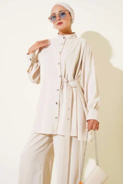 Side Belt Detail Two-Piece Set Beige wholesale clothing set view 2 - Hicabistan Turkey factory