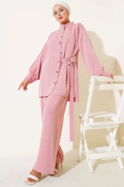Side Belt Detail Two-Piece Set Powder Pink wholesale clothing set view 2 - Hicabistan Turkey factory