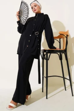 Side Belt Detail Two-Piece Set Black wholesale clothing set view 2 - Hicabistan Turkey factory
