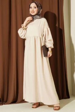 Tie-Side Flared Dress Beige بالجملة dress - Hicabistan مصنع تركيا