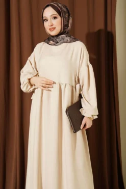 Tie-Side Flared Dress Beige بالجملة dress view 2 - Hicabistan مصنع تركيا