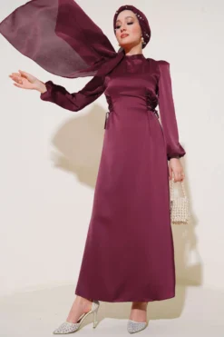 Satin Dress with Side Tie Details Burgundy