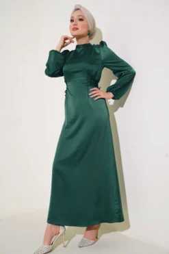 Satin Dress with Side Tie Details Emerald