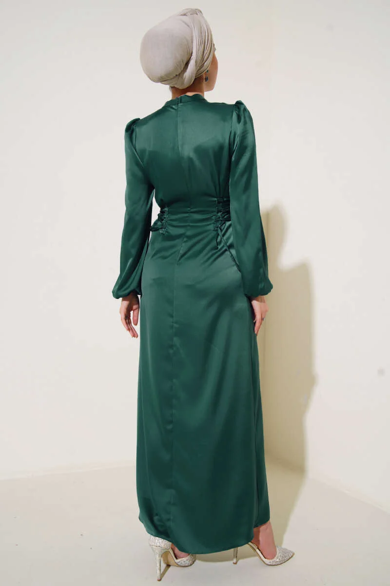 Satin Dress with Side Tie Details Emerald – Image 3