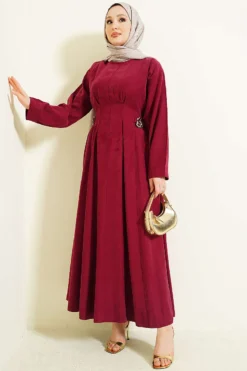 Belted Tencel Dress Burgundy al por mayor dress - Hicabistan fábrica Turquía