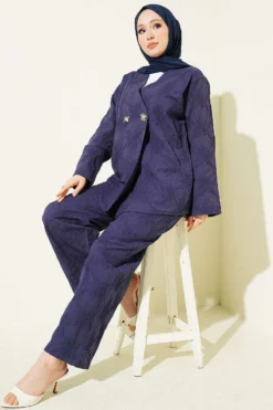 Leaf Pattern Flower Button Set Navy Blue