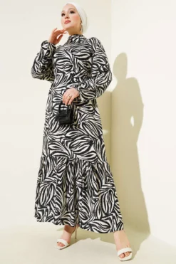 Leaf Patterned Tie Waist Viscose Dress Black