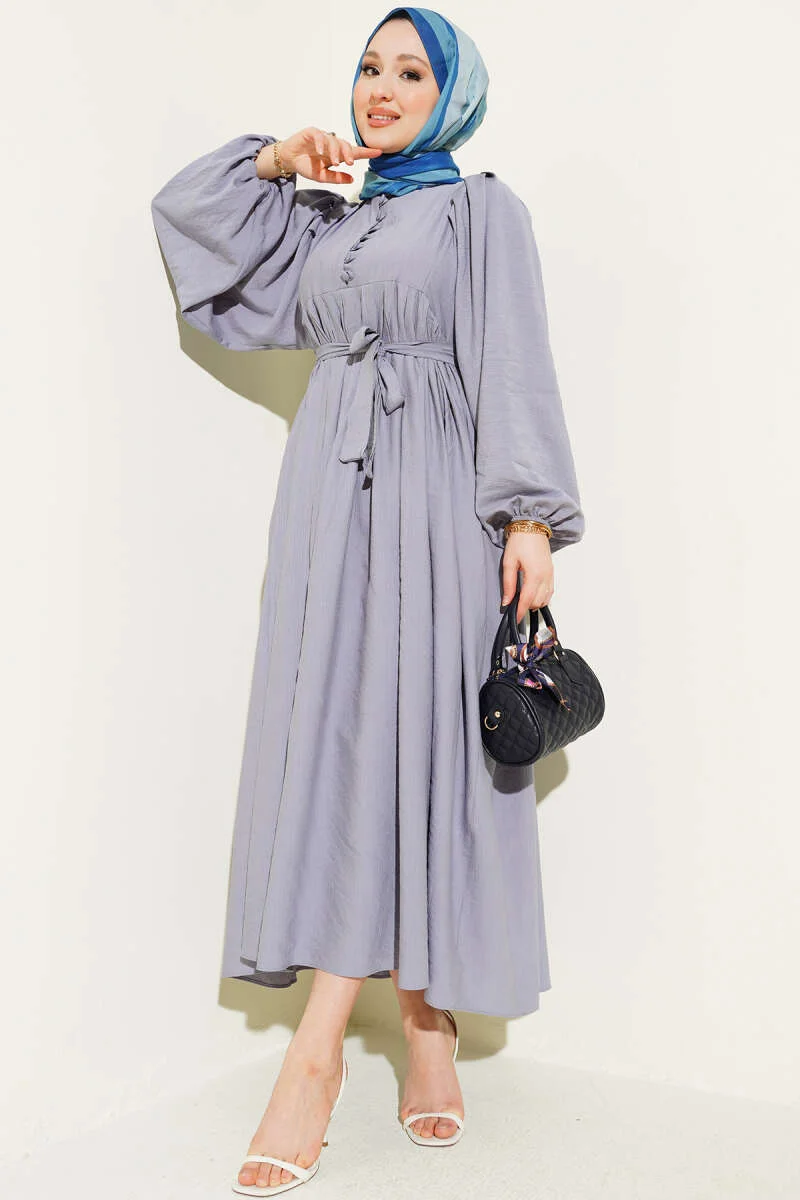 Half Brit Button Balloon Sleeve Dress Grey all'ingrosso dress - Hicabistan fabbrica Turchia