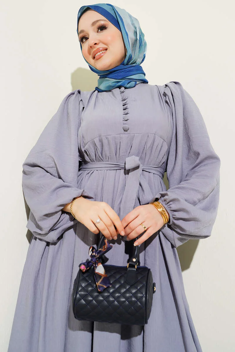 Half Brit Button Balloon Sleeve Dress Grey all'ingrosso dress view 2 - Hicabistan fabbrica Turchia