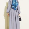 Half Brit Button Balloon Sleeve Dress Grey all'ingrosso dress view 3 - Hicabistan fabbrica Turchia