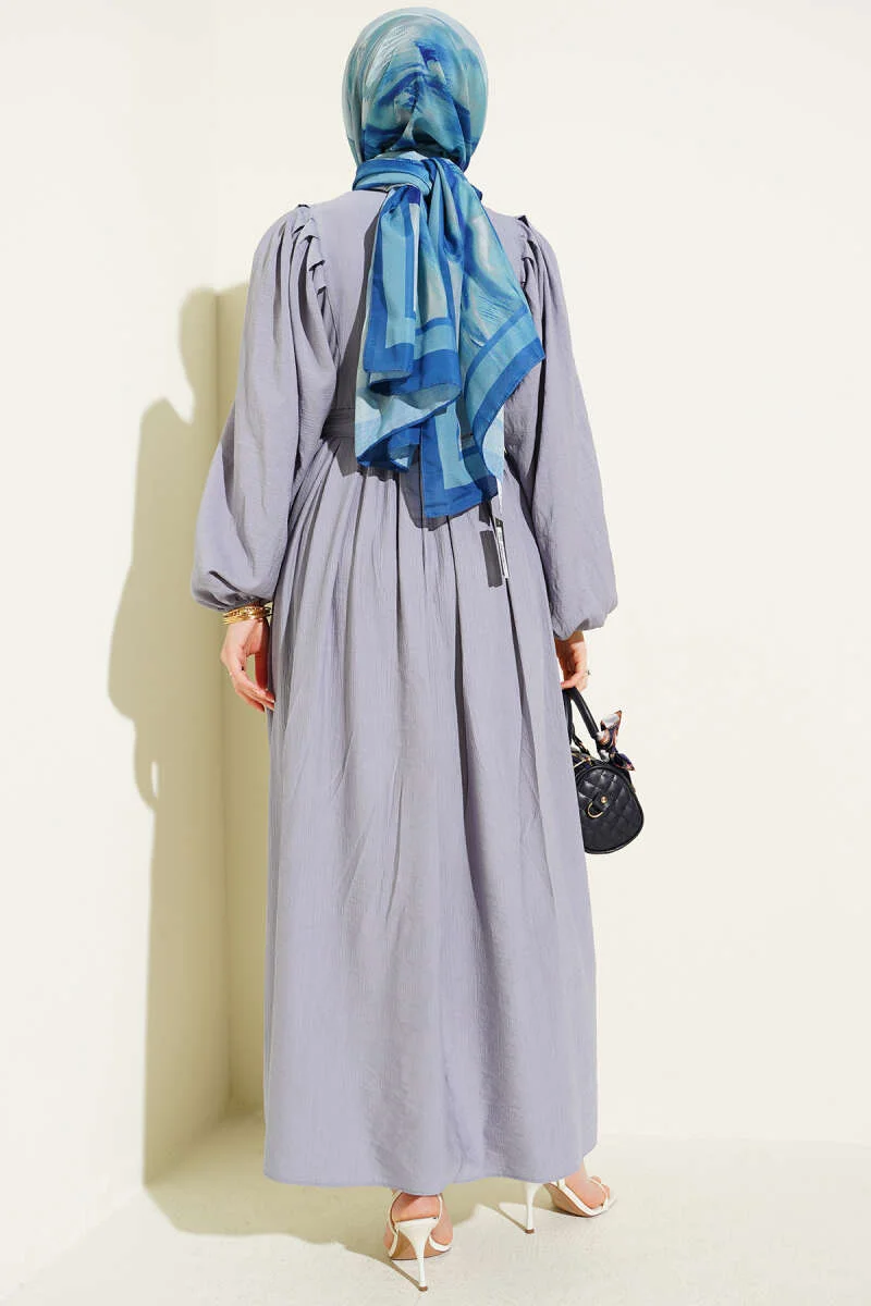 Half Brit Button Balloon Sleeve Dress Grey all'ingrosso dress view 3 - Hicabistan fabbrica Turchia