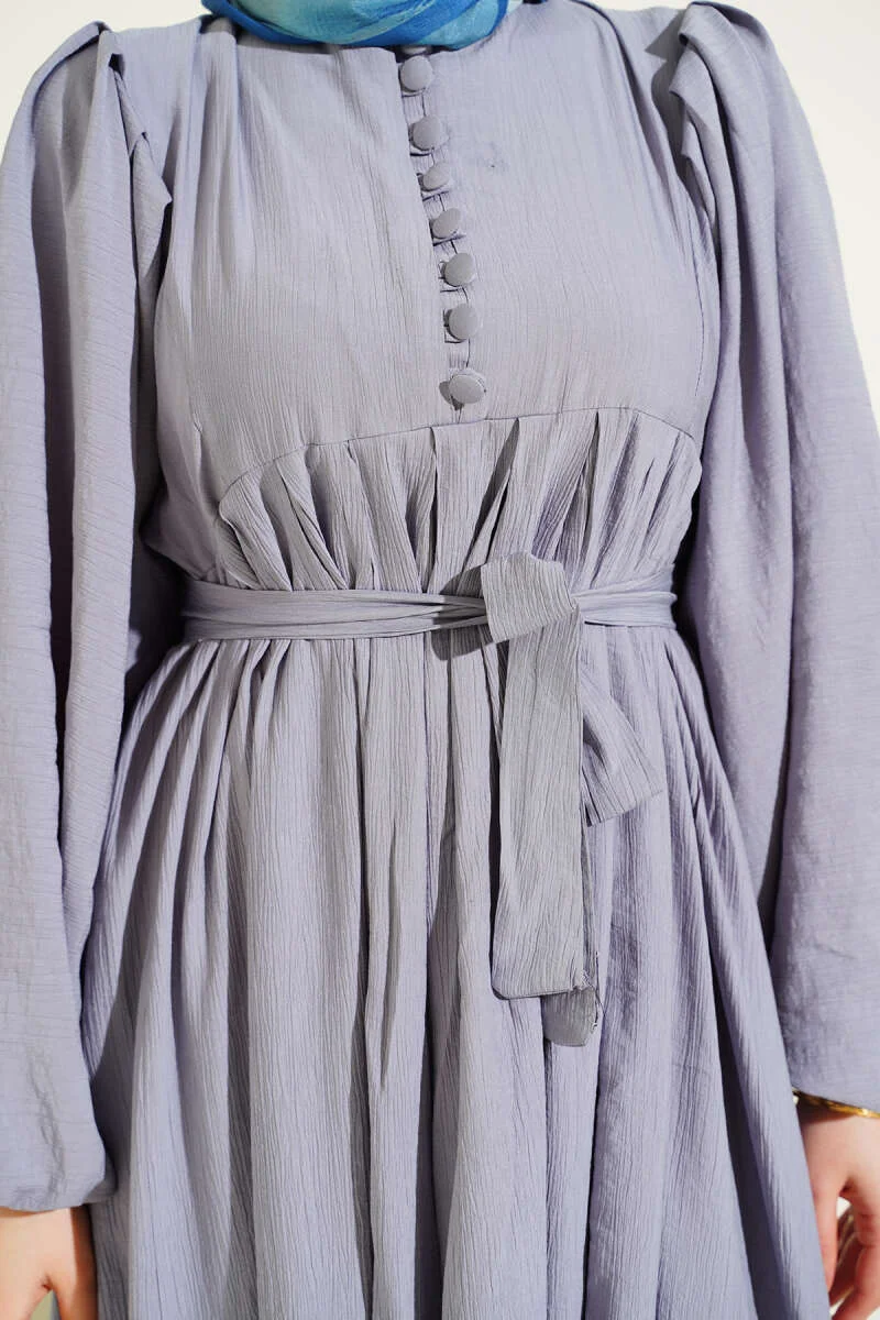 Half Brit Button Balloon Sleeve Dress Grey all'ingrosso dress view 4 - Hicabistan fabbrica Turchia