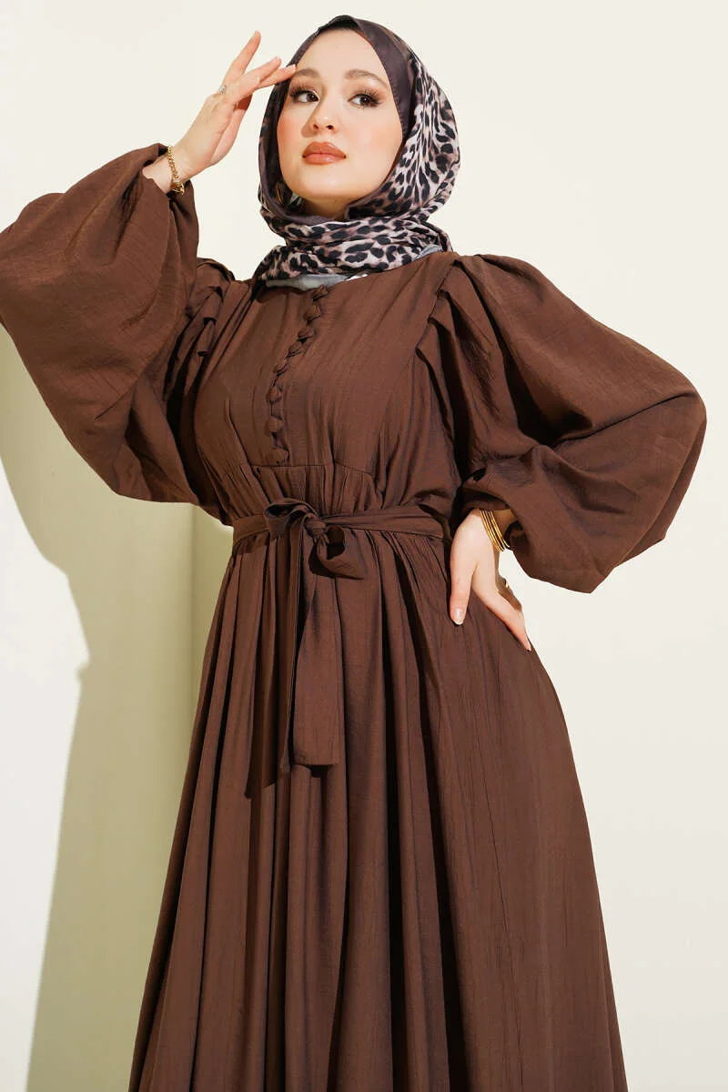 Half Brit Button Balloon Sleeve Dress Brown - الصورة 2