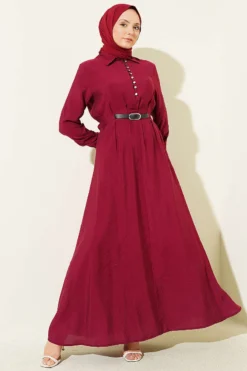 Half Brit Button-Down Belted Dress Burgundy wholesale dress - Hicabistan Turkey factory