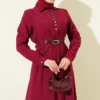 Half Brit Button-Down Belted Dress Burgundy wholesale dress view 2 - Hicabistan Turkey factory
