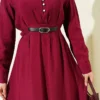Half Brit Button-Down Belted Dress Burgundy wholesale dress view 4 - Hicabistan Turkey factory