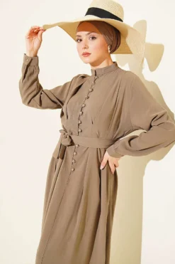 Half Brit Buttoned Trousers Tencel Dress groothandel dress view 2 - Hicabistan Turkije fabriek