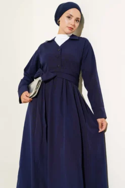 Alternatieve weergave van Half Buttoned Tied Terikoton Dress Navy Blue