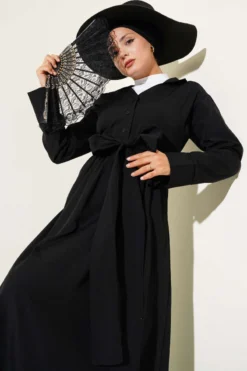 Half Buttoned Tied Terikoton Dress Black