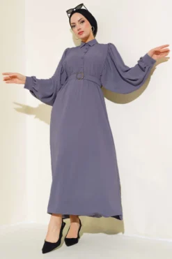 Half Button Balloon Sleeve Belted Dress