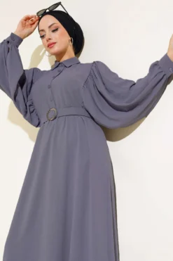Alternative view of Half Button Balloon Sleeve Belted Dress