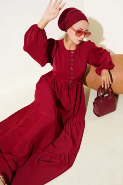 Half Buttoned Waist Tunic Dress Burgundy Großhandel dress - Hicabistan Türkei Fabrik