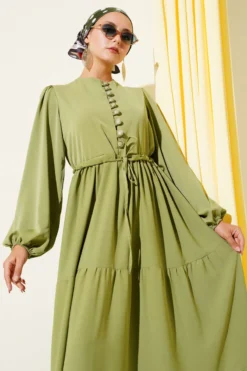 Half Buttoned Waist Tunic Dress Khaki Großhandel dress view 2 - Hicabistan Türkei Fabrik