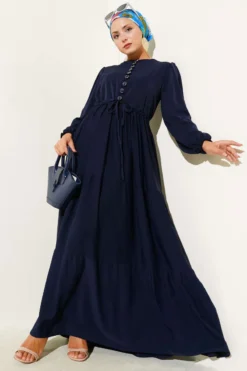 Half Buttoned Waist Tunic Dress Navy Blue en gros dress - Hicabistan usine Turquie