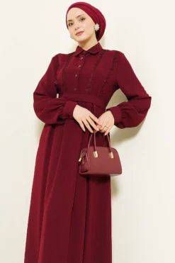 Half Button Lace Detail Dress Burgundy wholesale dress view 2 - Hicabistan Turkey factory