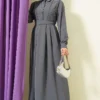 Half Button Lace Detail Dress Grey al por mayor dress - Hicabistan fábrica Turquía