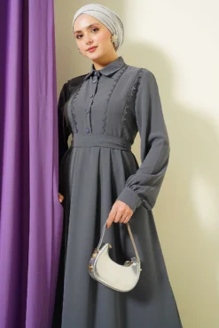 Half Button Lace Detail Dress Grey wholesale dress view 2 - Hicabistan Turkey factory