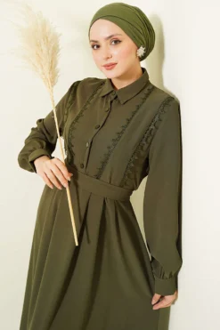 Half Button Lace Detail Dress Khaki wholesale dress view 2 - Hicabistan Turkey factory