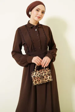 Half Button Lace Detail Dress Brown wholesale dress view 2 - Hicabistan Turkey factory
