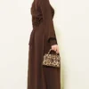Half Button Lace Detail Dress Brown all'ingrosso dress view 3 - Hicabistan fabbrica Turchia