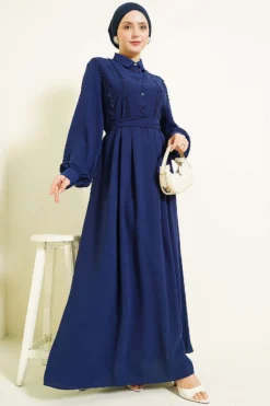 Half Button Lace Detail Dress Navy Blue wholesale dress view 2 - Hicabistan Turkey factory
