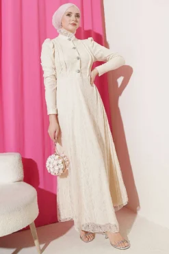 Half Button Lace Evening Dress Beige en gros dress view 2 - Hicabistan usine Turquie