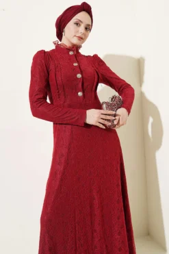 Half Button Lace Evening Dress Burgundy en gros dress view 2 - Hicabistan usine Turquie