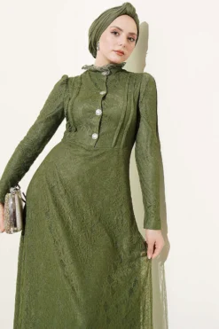 Half Button Lace Evening Dress Khaki en gros dress view 2 - Hicabistan usine Turquie
