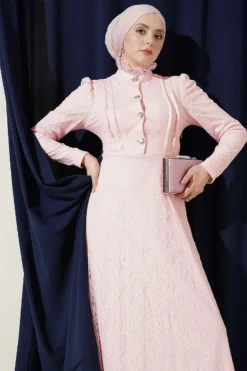 Half Button Lace Evening Dress Powder Pink en gros dress view 2 - Hicabistan usine Turquie