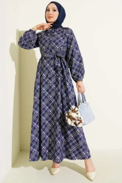 Half Buttoned Checkered Flared Dress Navy Blue en gros dress - Hicabistan usine Turquie