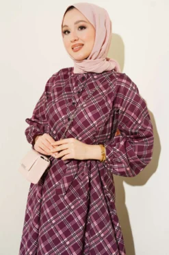 Half Buttoned Checkered Flared Dress Plum wholesale dress view 2 - Hicabistan Turkey factory