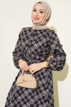Half Buttoned Checkered Flared Dress Black wholesale dress view 2 - Hicabistan Turkey factory