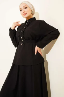 Alternative view of Half Button Ruffled Skirt Set Black